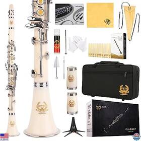 B0bhdkgl88 Brand Rhythm Bb Clarinet With 17 Keys Case Stand 10 Reeds And Cleaning Kit - White