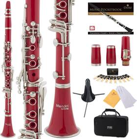 Mendini By Cecilio 847848016943 B Flat Clarinet With 2 Barrels Stand And Gloves 10 Reeds - Red