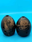 Vintage Chinese Xun Flute Pair Black Clay Vessel Ocarina Panda Koi Wei Studio. Fixed Price $49.50.