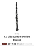 F.e. Olds NCL112PC Student Bb Clarinet. Fixed Price $525.00.
