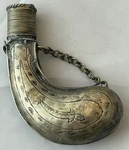Antique Silvertone Metal Gun Powder Horn Decorative 4" Long Missing Lid. Fixed Price $74.99.